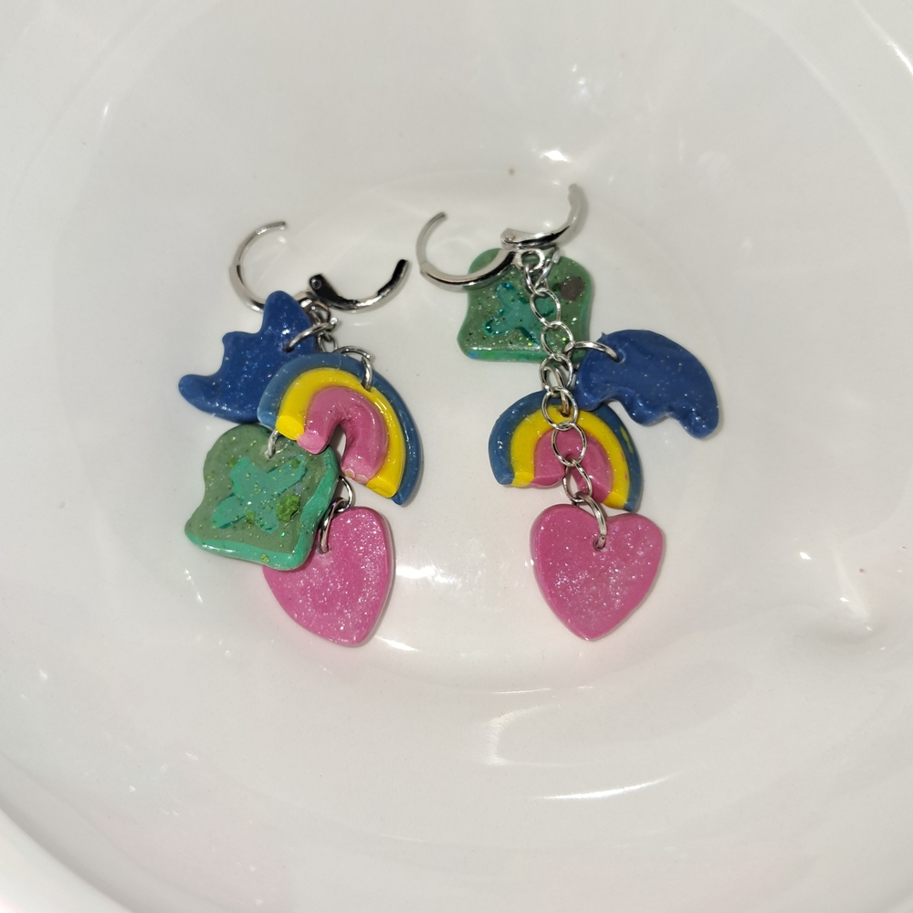 Lucky Charms Marshmallows Colorful Rainbow Heart Dangle Hoop Earrings